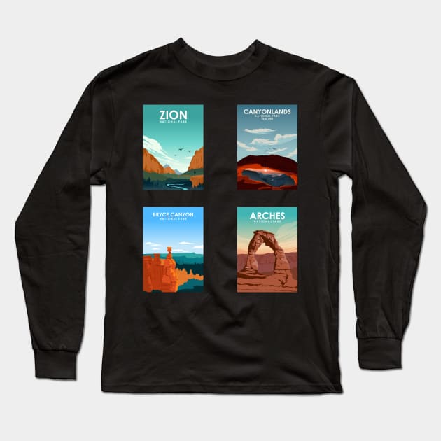 Utah National Parks Travel Poster Sticker Collection Long Sleeve T-Shirt by jornvanhezik